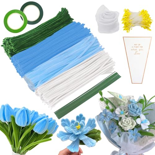 YSUVIN Limpiapipas Manualidades Set 784 Piezas, Azul Lago Claro, Blanco, Azul Celeste, Verde Musgo Limpia Pipas, Viene con Estambres, Tallos, Cintas, Cinta de Gasa y Bolsa de Flores, Para Flores DIY