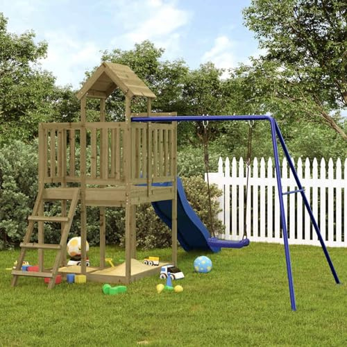 Gecheer Set da Gioco da Esterno in Legno di Pino Impregnato, Scivolo Ondulato Altalena Singola Sabbiere 286 x 323 x 214 cm Torre da Gioco in Legno di Pino per Bambini 3-8 Anni