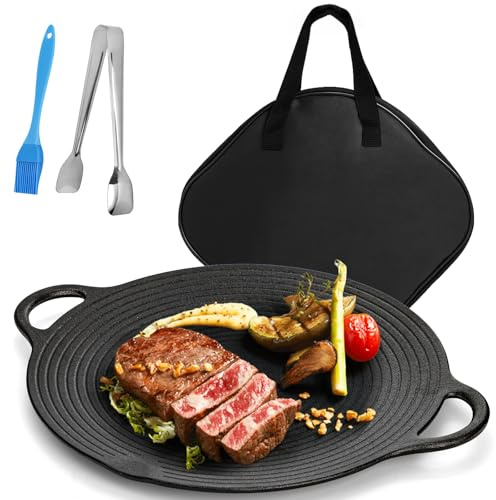 Lawei Korean BBQ Grill Pan, 12 Inch Cast Iron Griddle Pan with Bag, Nonstick Grilling Plate Round Camping Baking Frying Pan for Induction, Gas, Electric Cooktop, Indoor/Outdoor (30cm, 4-Piece Set)