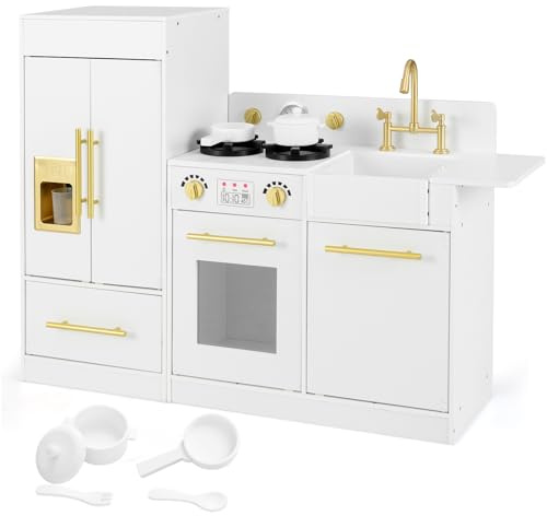 HOMASIS Cuisine pour Enfants en Bois, Cuisine Jouet avec Réfrigérateur, Machine à Glace, Lave-vaisselle, Cuisinière, Robinet, Cuisine pour Enfants de 3 ans Blanc