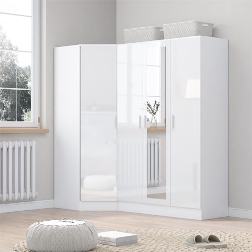 Reflect 2 Piece Wardrobe Bundle | 1 Door Corner + 3 Door Mirror | White Gloss & White Oak Finish | H: 180cm x W: 186cm x D: 74cm | Modern Bedroom Furniture Storage Solution