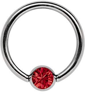 Titanio Anillo 1,2 mm como Aro Labial, Pendiente de Oreja,Piercing Íntimo, Piercing de Tabique o Piercing de Pecho, con 4mm Plano Piedra, en Muchos Colores y Talla Elegible - Rojo