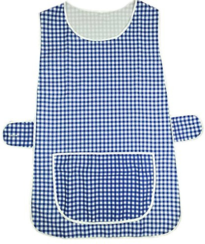 MyShoeStore Tabard Apron with Check Pattern and Large Centre Pocket, Button Fastening on Both Sides, 100% Polyester, Navy, Medium/WX