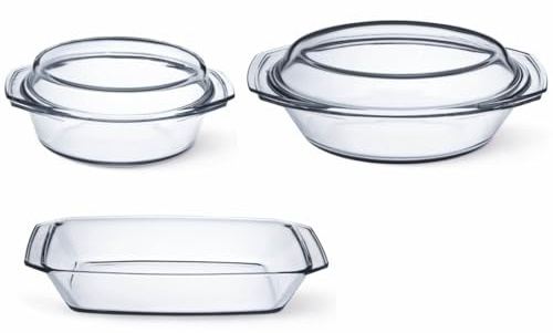 SIMAX Lot de 3 Plats à Four dont 2 avec Couvercle en Verre - Cont 1,5+0,60 L Dim 24,9 x 20,5 x 9,3 cm - Cont 2,4+1,2 L Dim 33,4 x 20,1 x11,2 cm - Cont 2,4 L Dim 35,1 x 19,5 x 5,7 cm - ref 302
