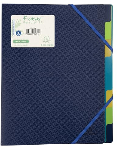 Exacompta 552572E 5er Pack Premium Ordnungsmappe Forever. Aus Recycling-Kunststoff DIN A4 8 Fächer 3 Klappen dehnbarer Rücken und 2 Gummizüge Register-Mappe Eckanner-Mappe blau