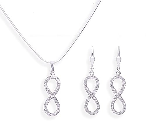 Schmuckset Unendlichkeitzeichen Infinity Set Kette und Ohrringe 925 Silber mit Zirkonia Steinen