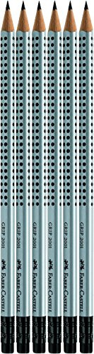 Faber-Castell - 6 GRIP Bleistifte 2001 mit Gummi-Tip, Härtegrad: B, Schaftfarbe: silber