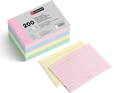 Miquelrius - Linierte Karteikarten Pastell 200 Stück, A7, 105 x 74 mm | Farbige Flashcards aus 180 g/m² Offsetpapier für Notizen, Auswendiglernen, Wiederholen und Ideenorganisation