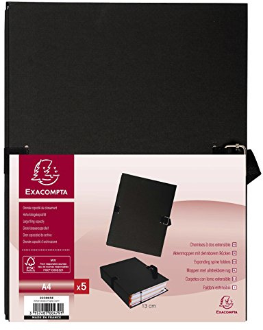Exacompta 223065E 5er Pack Aktenmappen mit dehnbarem Rücken und stabilem Einband mit Verschluss DIN A4, ideal für die Aufbewahrung Ihrer Dokumente Ordnungsmappe Fächermappe schwarz
