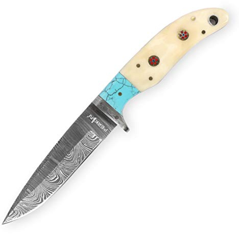 Perkin damastkniv jaktkniv handgjord damast jaktkniv, ben och turkosfärgat handtag