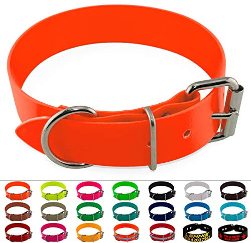 LENNIE BioThane Halsband, Edelstahl-Rollschnalle, 38 mm breit, Größe 45-55 cm, Neon-Orange, Aufdruck möglich