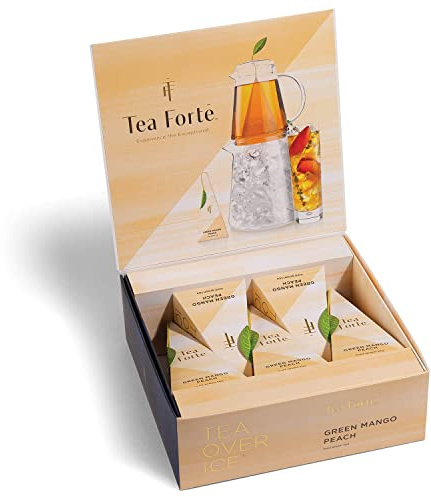 Tea Forte Tea Over Ice Green Mango Peach Premium Organic Caffeinated Green Iced Tea Blend, 5 Count Individually Wrapped Handcrafted Pyramid Infuser Tea Bags, Each Steeps 24 oz.