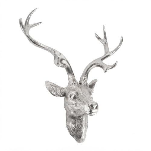 Spetebo Hirschgeweih 10 Ender Wand Deko, Silber Optik, 61x50 cm | Hirschkopf Skulptur, Jagd Geweih