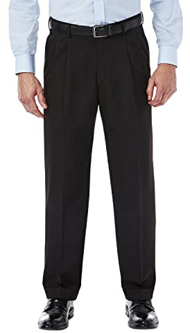 Haggar Men’s Hidden Expandable Waistband Classic Fit Pleated Front Gabardine Dress Pant