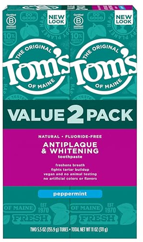 Tom's of Maine Fluoride-Free Antiplaque & Whitening Natural Toothpaste, Peppermint, 5.5 oz. (Pack of 2)