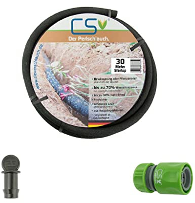 30m CS Perlschlauch Startup mit Schnellschlauchstück und Endstopfen zur Bewässerung von Beeten und Pflanzen mit hoher Wasserersparnis bis zu 70% bei unterirdischer Verlegung