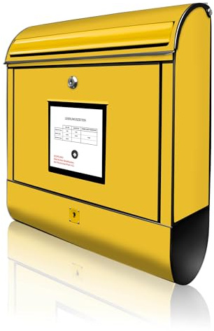 banjado Design Briefkasten 38,5x46,5x13cm & 2 Schlüssel - Briefkasten Stahl Schwarz mit Zeitungsfach pulverbeschichtet - Postkasten A4 Einwurf inkl. Montagematerial - Motiv Briefkasten Gelb