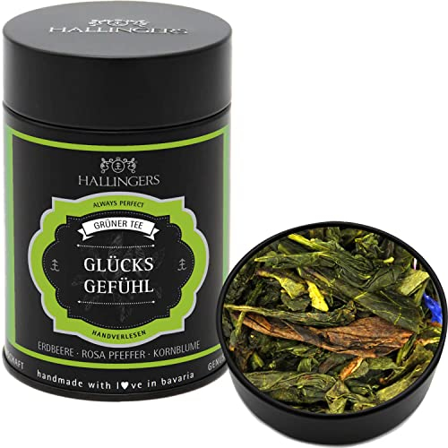 Hallingers Genuss Manufaktur Loser Grün-Tee mit Erdbeere, Rosa Pfeffer & Kornblume|Made in Bayern