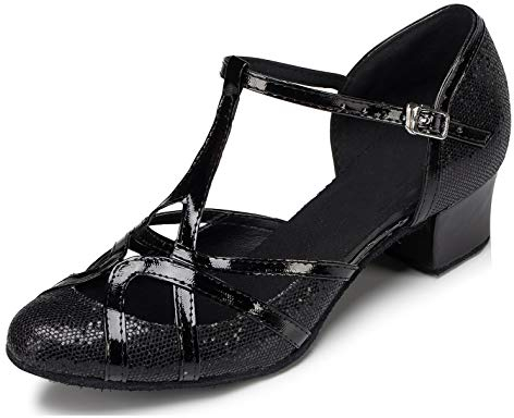 Minitoo qj6133 Damen Geschlossen Zehen High Heel PU Leder Glitzer Salsa Tango Ballsaal Latin t-strap Dance Schuhe, Schwarz Black-3.5cm Heel ,40 EU/7 UK