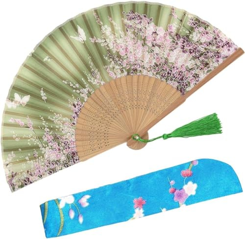 With a Fabric SleeveOMyTea „Sakura“ japanischer bzw. Chinesischer Handfächer mit Seide und Bambusrahmen und einer Stoffhülle zum Schutz des Fächer selbst, Textil, WZS-6