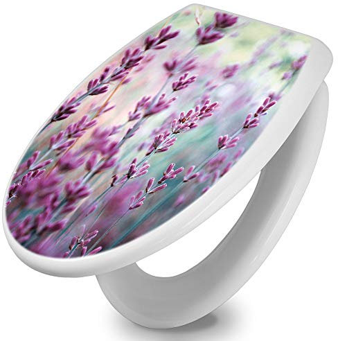 banjado Toilettendeckel mit Absenkautomatik 44,5x37cm / WC Brille Soft Close/hygienischer Toilettendeckel/Klodeckel Duroplast Edelstahl Scharniere einfache Montage/Motiv Lavendel 2