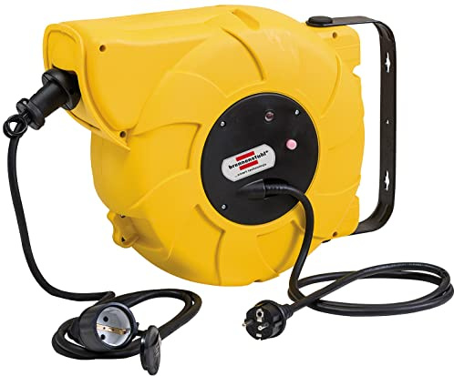 Brennenstuhl enrollacables eléctrico IP44 / enrollador de cable automático para exteriores (9+2m de cable, montable, para montaje en pared, IP44) amarillo