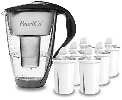 PearlCo - Carafe avec filtre à eau en verre - anthracite - 6 cartouches Universal classic incluse (compatible avec Brita Classic)