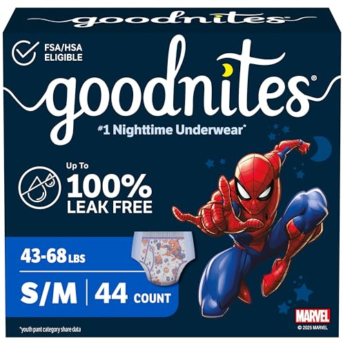 Goodnites Boys' Nighttime Bedwetting Underwear, Size S/M (43-68 lbs), 44 Ct (2 Packs of 22), Packaging May Vary