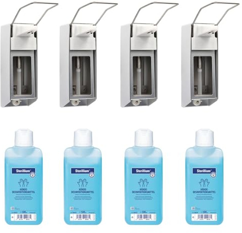 4 x Medi-Inn Wandspender 500 ml Aluminium gebürstet mit Langarmhebel + 4 x Bode Sterillium 500 ml