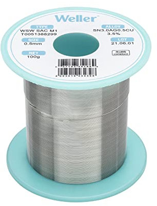 Weller WSW SAC M1 (T0051388299) Filo Saldante, Ø 0.5mm, 100g, Lega Sn96.5Ag3.0Cu0.5, Contenuto di Fondente 3,5%
