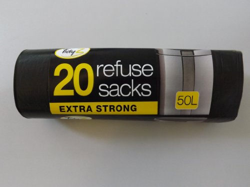 20 Heavy Duty Extra Strong 50L Black Refuse Sacks, Bin Liners, BinBags