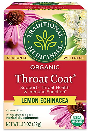 Traditional Medicinals Tea, Organic Throat Coat Lemon Echinacea, Supports Throat Health & Immune Fuction, 16 Tea Bags
