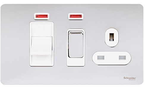 Schneider Electric Ultimate Plaque plate sans vis – Unité de commande de cuisinière commutée avec prise de courant unique, double pôle, indicateur néon, 45 A, GU4401WPC, chrome poli avec insert blanc