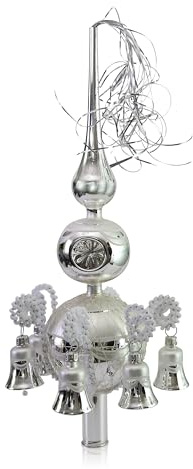Doppelspitze mit Glöckchen Silber, umsponnen L ca. 33cm d(Kugeln) 6/8cm Christbaumschmuck Weihnachtsbaumschmuck mundgeblasen,handdekoriert,Leonischer Draht Lauschaer Glas das Original