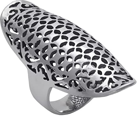 Silverly Sterling Silver Armour Statement Ring With Cut-Out Floral Vine Filigree – Long Shield Ring With Arabesque-Inspired Lace-Like Openwork - Medieval-Style Lattice Full-Finger Ring for Women