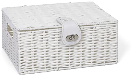 ARPAN Small Resin Woven Storage Basket Box With Lid & Lock - White
