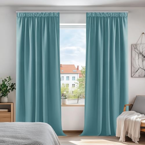 Deconovo Tende Oscuranti per Interni con Fettuccia, 2 Pannelli, 140x245 cm | Termiche Isolanti, 3 Modi di Montaggio, Moderne ed Elegante, per Camera e Soggiorno, Certificato OEKO-TEX, Blu Cielo