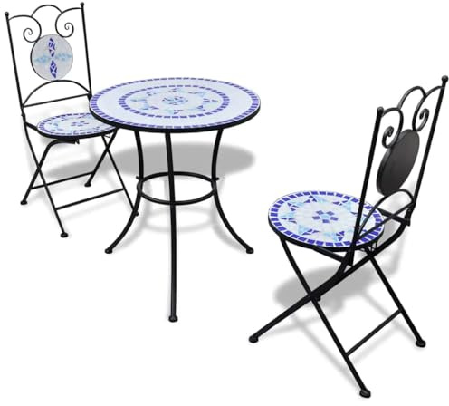 vidaXL Tavolo con mosaico 60 cm con 2 sedie blu/bianco
