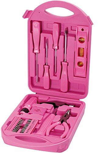 Kleiner, kompakter Werkzeugkoffer in pink mit Werkzeug in pink, Komplett-Set für Frauen, alle Teile in pink