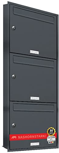 AL Briefkastensysteme, 3er Unterputzbriefkasten in Anthrazit Grau RAL 7016, Briefkastenanlage 3 Fach, Postkasten modern