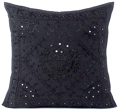 Eyes of India - Miroir Brodé Canapé Décoratif Coussin Étui Bohème Accent Boho Chic Plein de Couleurs Indien Fait Main Housse - Noir, 16 X 16 in. (40 X 40 cm)
