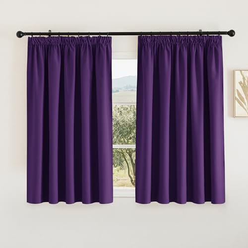PONY DANCE Blackout Curtains Drapes - Short Pencil Pleat Thermal Insulated Window Curtain for Bedroom Decoration Soft Privacy Protected Draperies for Living Room, 2 Panels, W66 X L54, Purple
