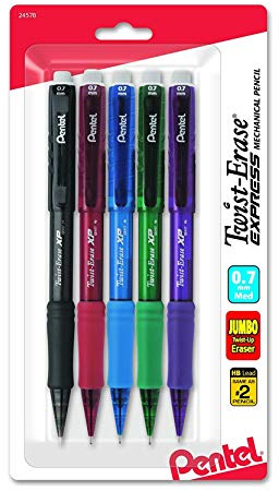 Pentel Twist-Erase Express Mechanical Pencil, (0.7mm), Medium Line, Assorted Fashion Colors, Pack of 5 (QE417FBP5M)