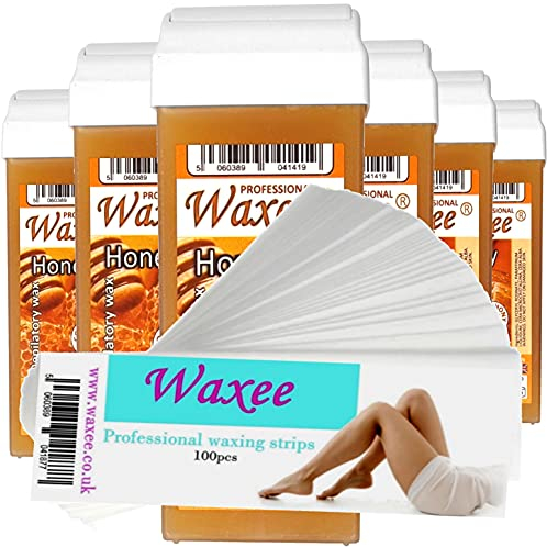 6 x 100 ml Rollwachs, Rollwachs-Kartusche, Honig + 100 Streifen, Körper- und Beinwachs, von der britischen Marke Waxee