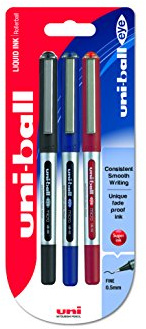 uni-ball 153486289 UB-150 Eye Micro Rollerball-pennor, svart/blå/röd Uni Super bläck, .5 mm spets, 3-pack