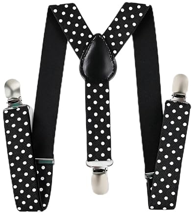 Trimming Shop 25mm Regolabile Slim Unisex Uomo Donna Elastico Pantaloni Bretelle con Clip per Costume (Nero con Bianco a Pois)