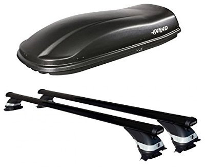 FARAD - COFRE DE TECHO MARLIN 480 LT NEGRO + BARRAS DE TECHO DE ACERO LUX PARA COCHES CON RAIL
