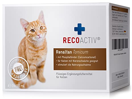 RECOACTIV Renaltan Tonicum für Katzen, 3 x 90 ml, mit Phosphatbinder zur Reduktion der Phosphataufnahme aus der Nahrung und Unterstützung der Nierenfunktion, Ergänzungsfuttermittel