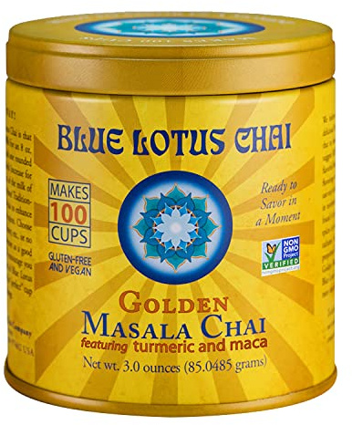 Blue Lotus Chai - Golden Masala Flavor Chai - Makes 100 Cups - 3 Ounce Masala Spiced Chai Powder with Organic Spices - Instant Indian Tea No Steeping - No Gluten