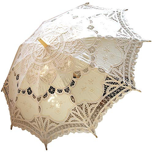 AEAOA Handmade Lace Parasol Umbrella, Ivory, Victorian Style, 32 Inch, for Wedding, Bridal Party, Photo Props